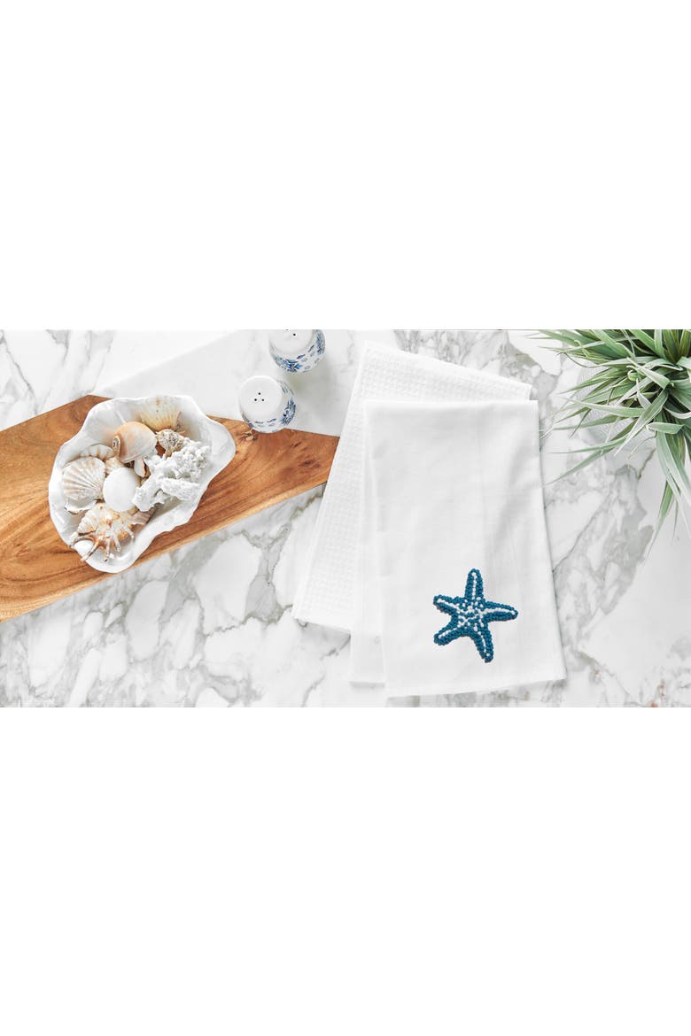 Starfish Flour Sack French Knot Cotton Kitchen Towel, Alternate, color, White