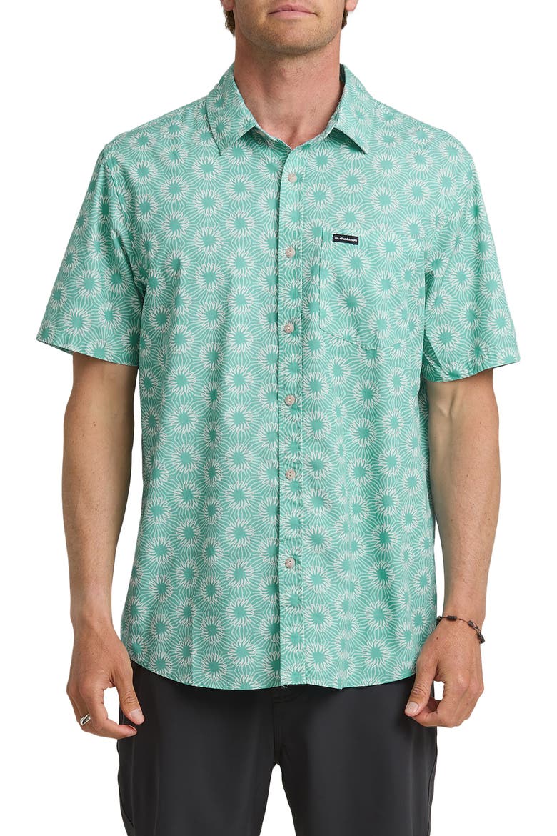 Ocean Mayhem Classic Sun Print Short Sleeve Cotton Button-Up Shirt, Main, color, AQUA
