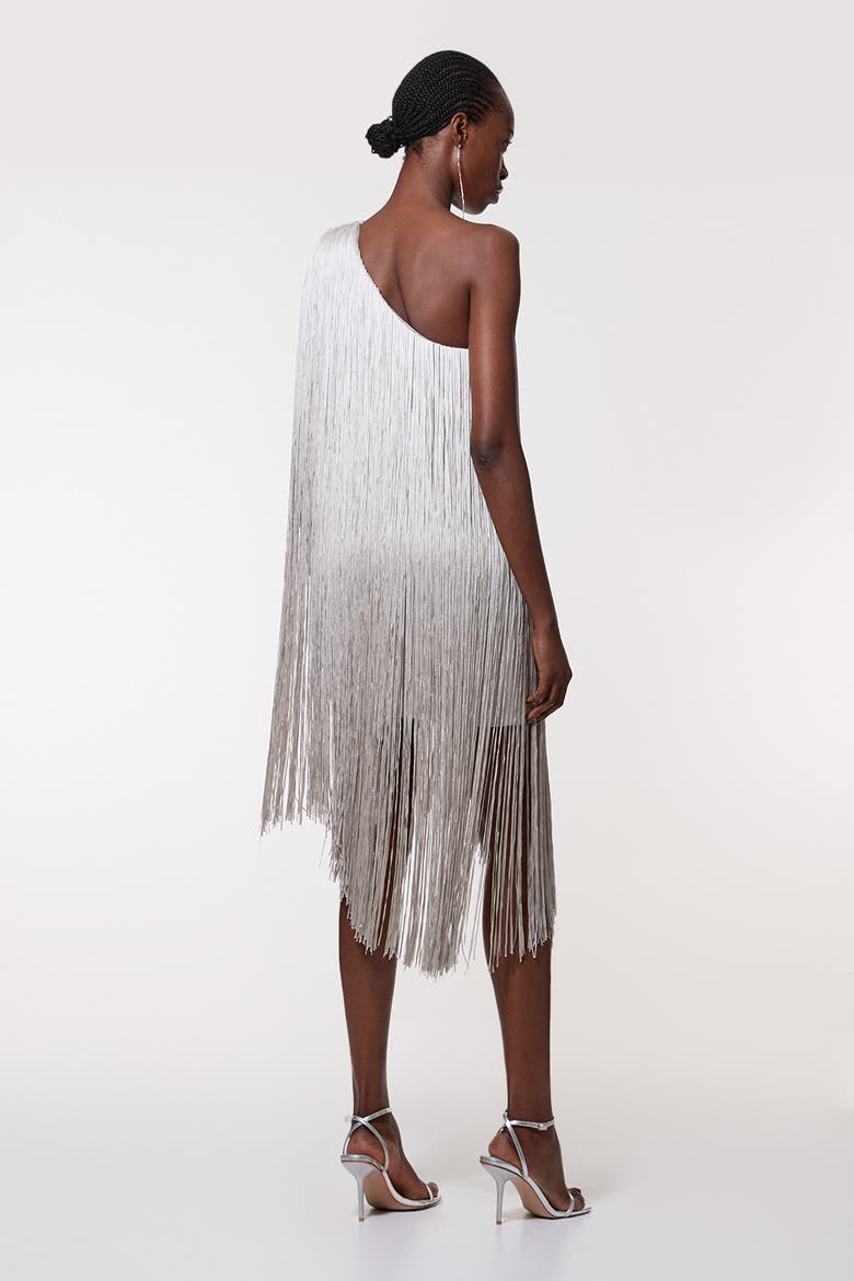 Asymmetric Draped Fringe Mini Dress, Alternate, color, Silver