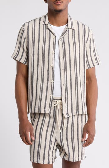 Denim And Flower Texture Stripe Short Sleeve Shirt In Neutral