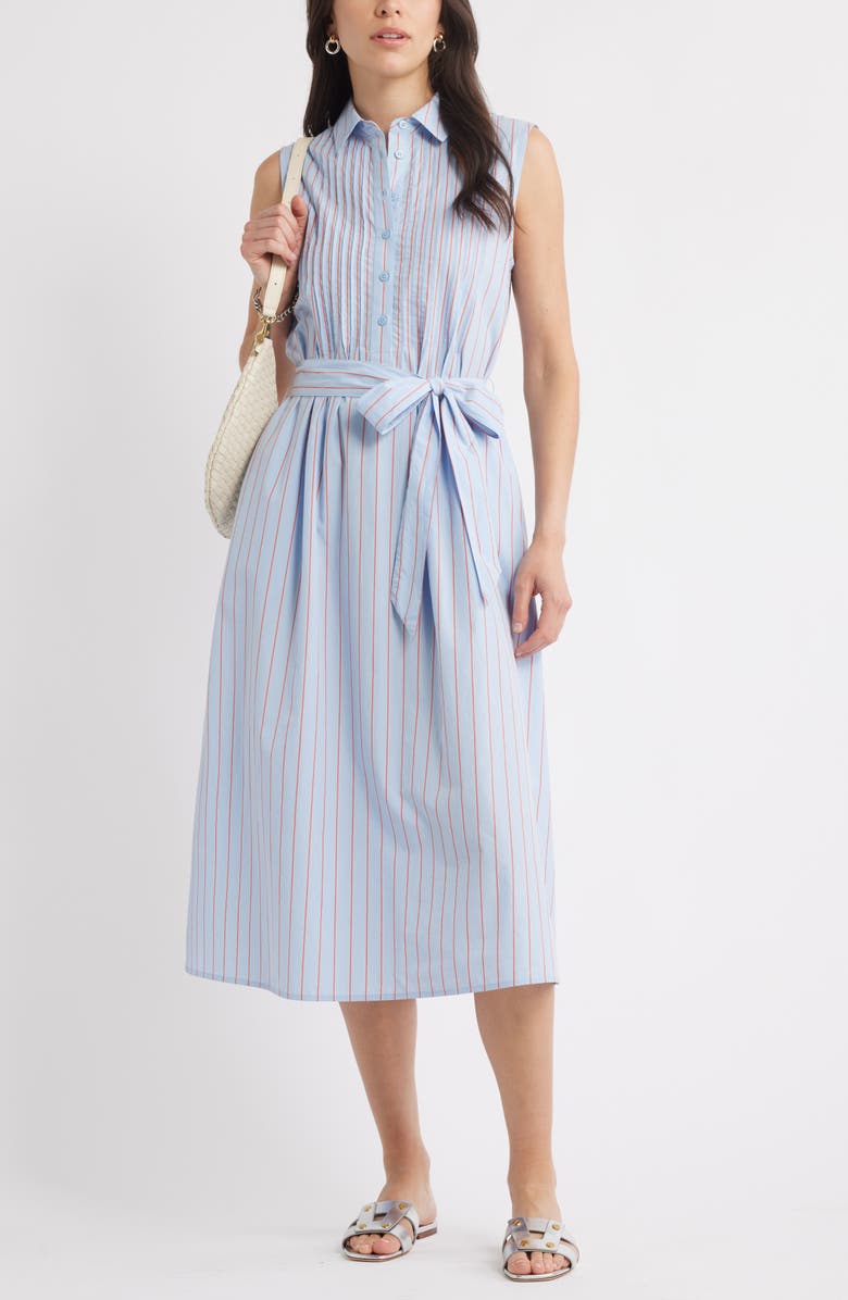 Caslon<sup>®</sup> Pintuck Tie Waist Cotton Shirtdress, Alternate, color, Blue Windsurfer Jen Stripe