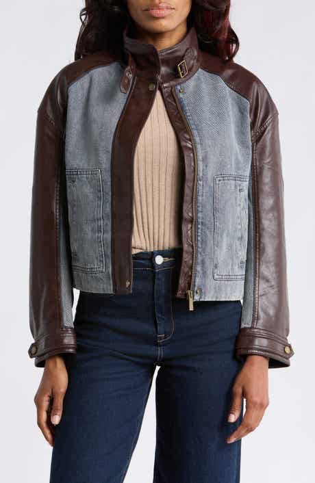 Mixed Media Faux Leather & Denim Moto Jacket