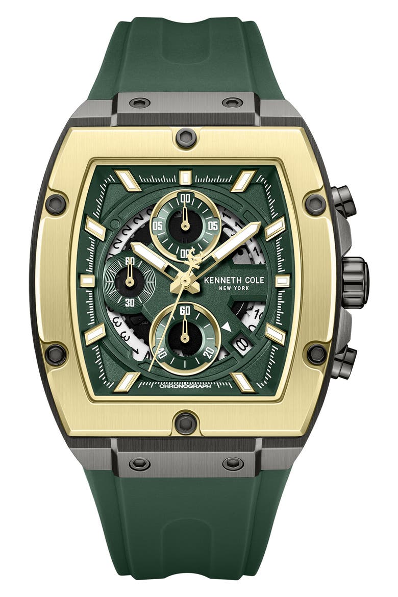 Sport Tonneau Chronograph Silicone Strap Watch, 44mm x 28mm, Main, color, GREEN