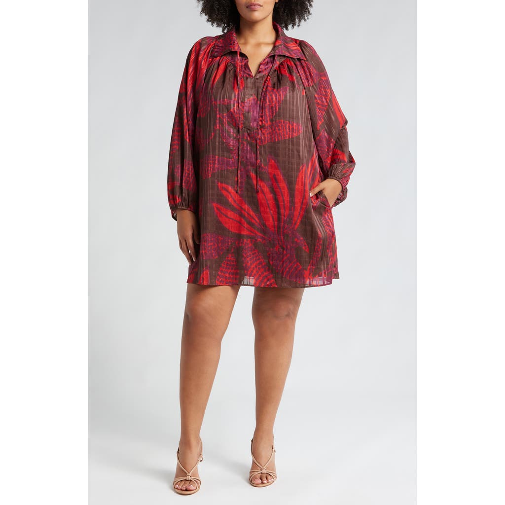 Shop Ciebon Elisa Long Sleeve Minidress In Cocoa/red