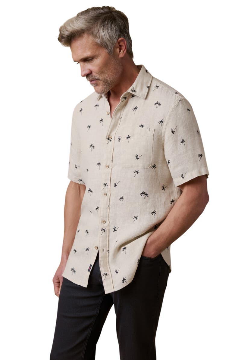 Faherty Palma Linen Short Sleeve Button-Up Shirt, Alternate, color, Night Palm Trees
