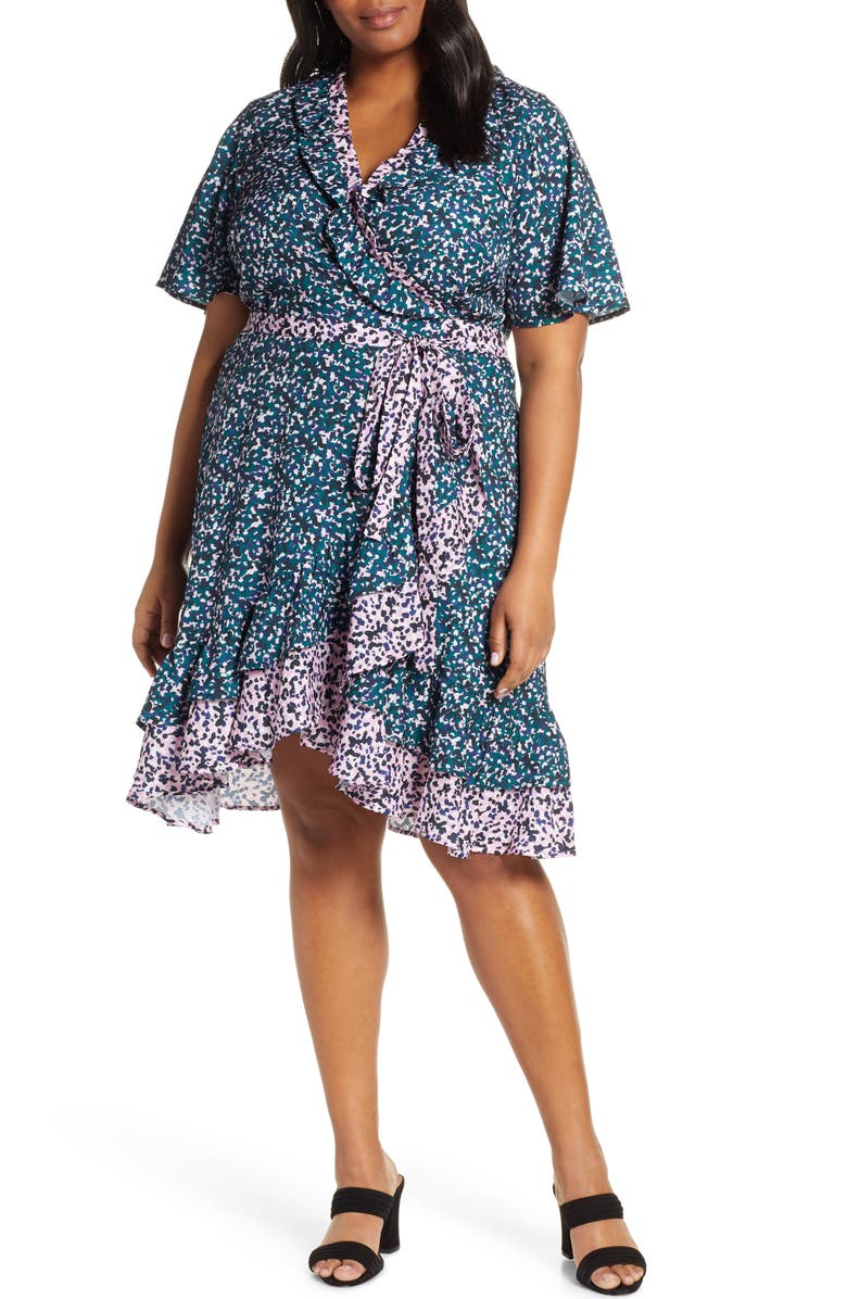 ELOQUII Contrast Ruffle Trim Wrap Dress, Main, color, 