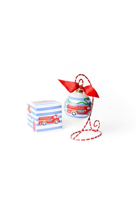 Firetruck Glass Ornament with Red And White Stand