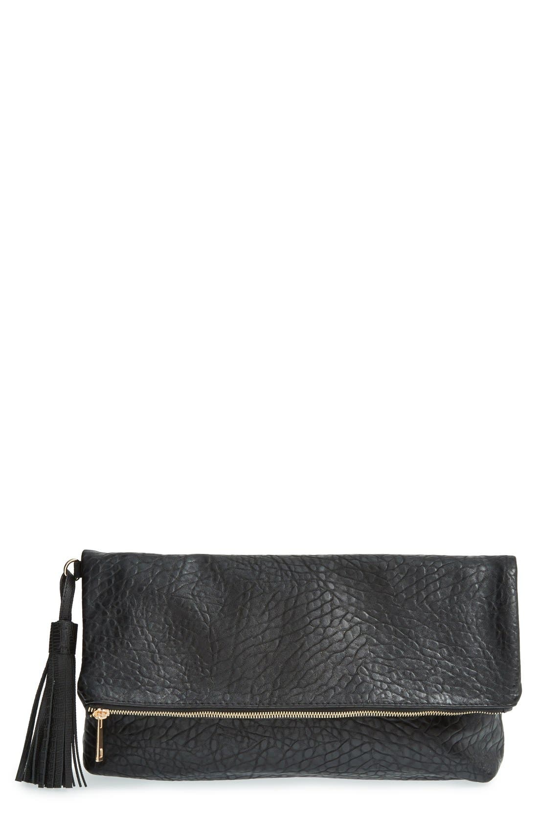 'Merino' Faux Leather Foldover Clutch, Main, color, BLACK