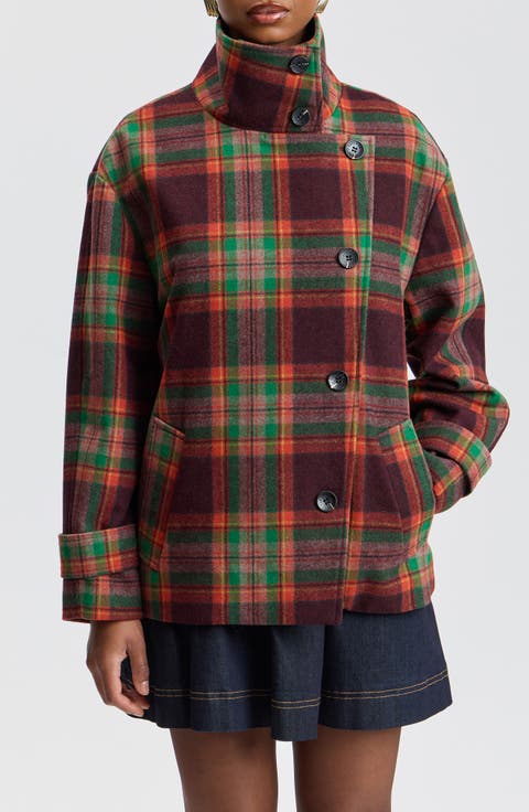Plaid Funnel Neck Short Coat