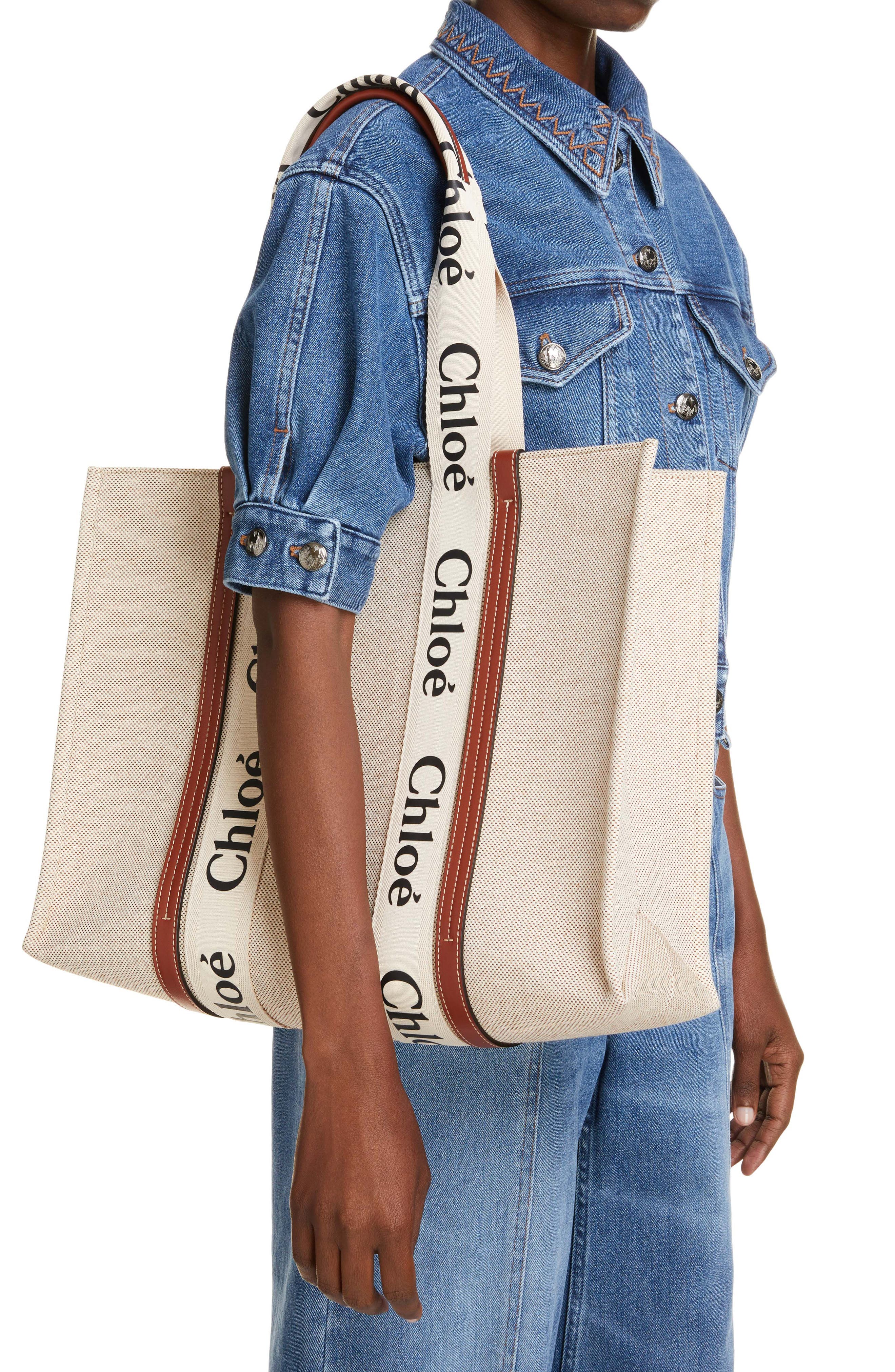 Chloé Large Woody Logo Strap Canvas Tote, Alternate, color, White-Brown