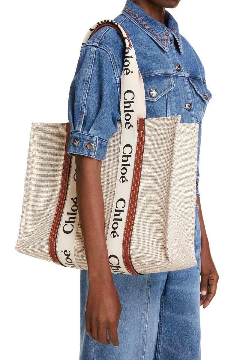 Chloé Large Woody Logo Strap Canvas Tote, Alternate, color, White-Brown