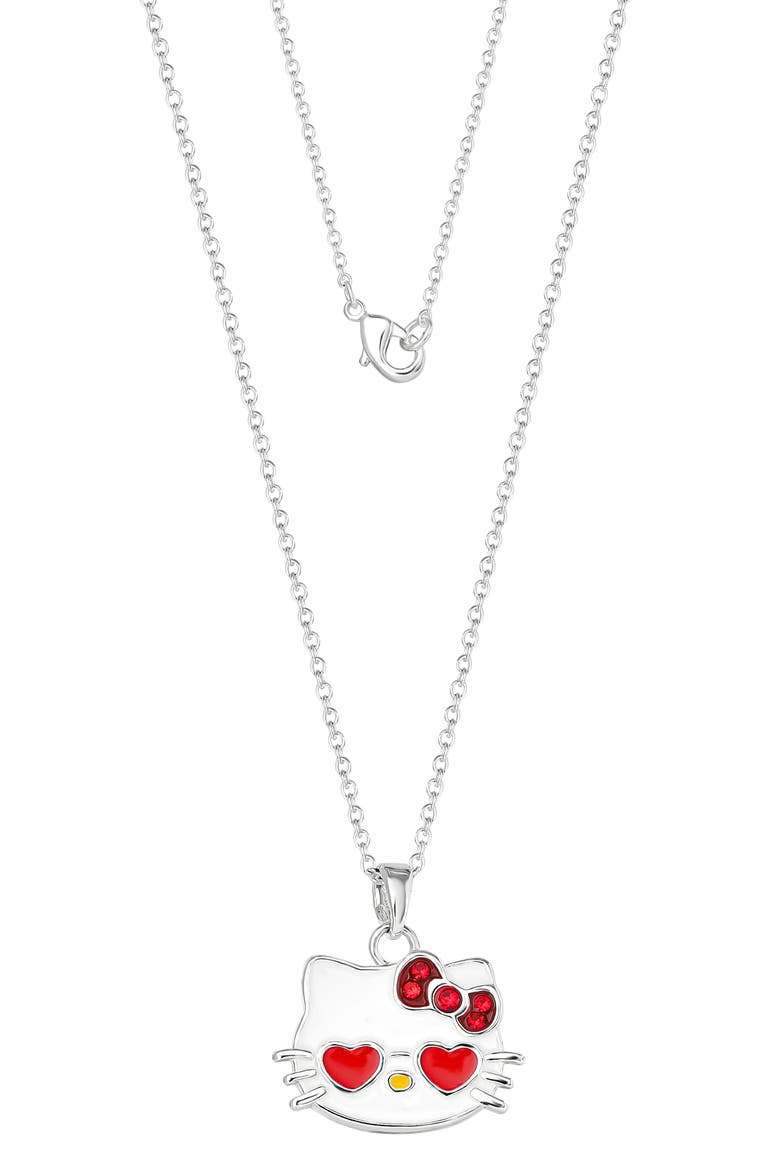 Hello Kitty® Cubic Zirconia & Enamel Pendant Necklace & Stud Earrings Set, Alternate, color, RED AND SILVER