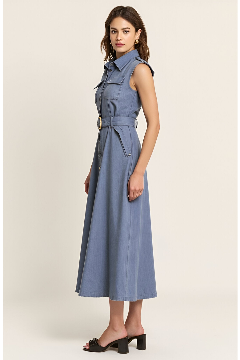 Belted A-Line Midi Dress with Shoulder Buttons and Pockets, Alternate, color, Blue