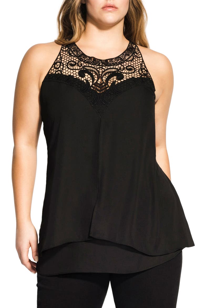 Layered Motif Lace Detail Tiered Top, Main, color, BLACK