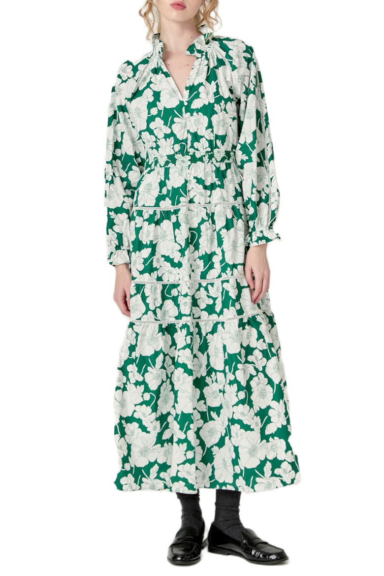 Floral Long Sleeve Cotton Tiered Maxi Dress, Main, color, GREEN