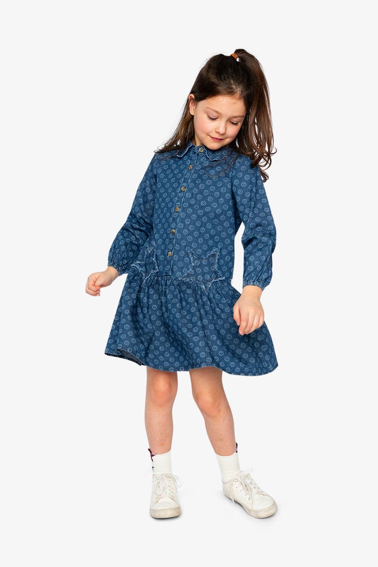 Button Front Scalloped Collar Shirt Dress, Alternate, color, Blue Smiley Print