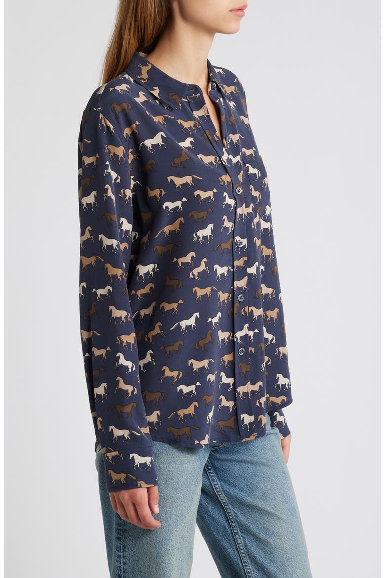 Kate Horse Print Silk Button-Up Shirt, Alternate, color, HORSES