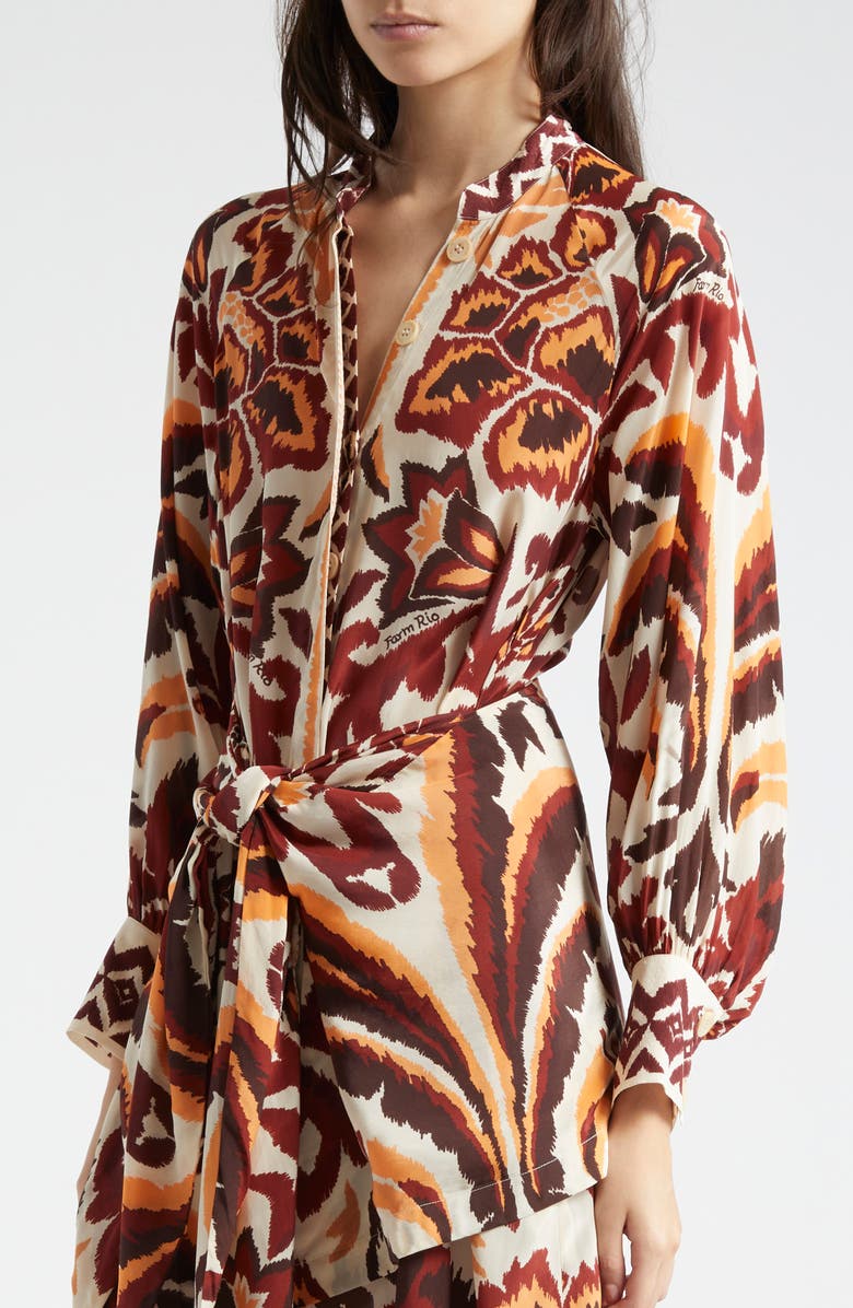 FARM Rio Tie Front Long Sleeve Shirtdress, Alternate, color, Toucans Scarf Cream