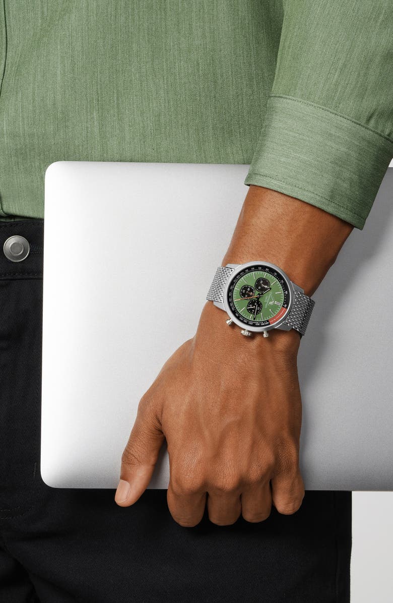 PORSAMO BLEU Simon Mesh Strap Chronograph Watch, 44mm, Alternate, color, Silver Black And Green