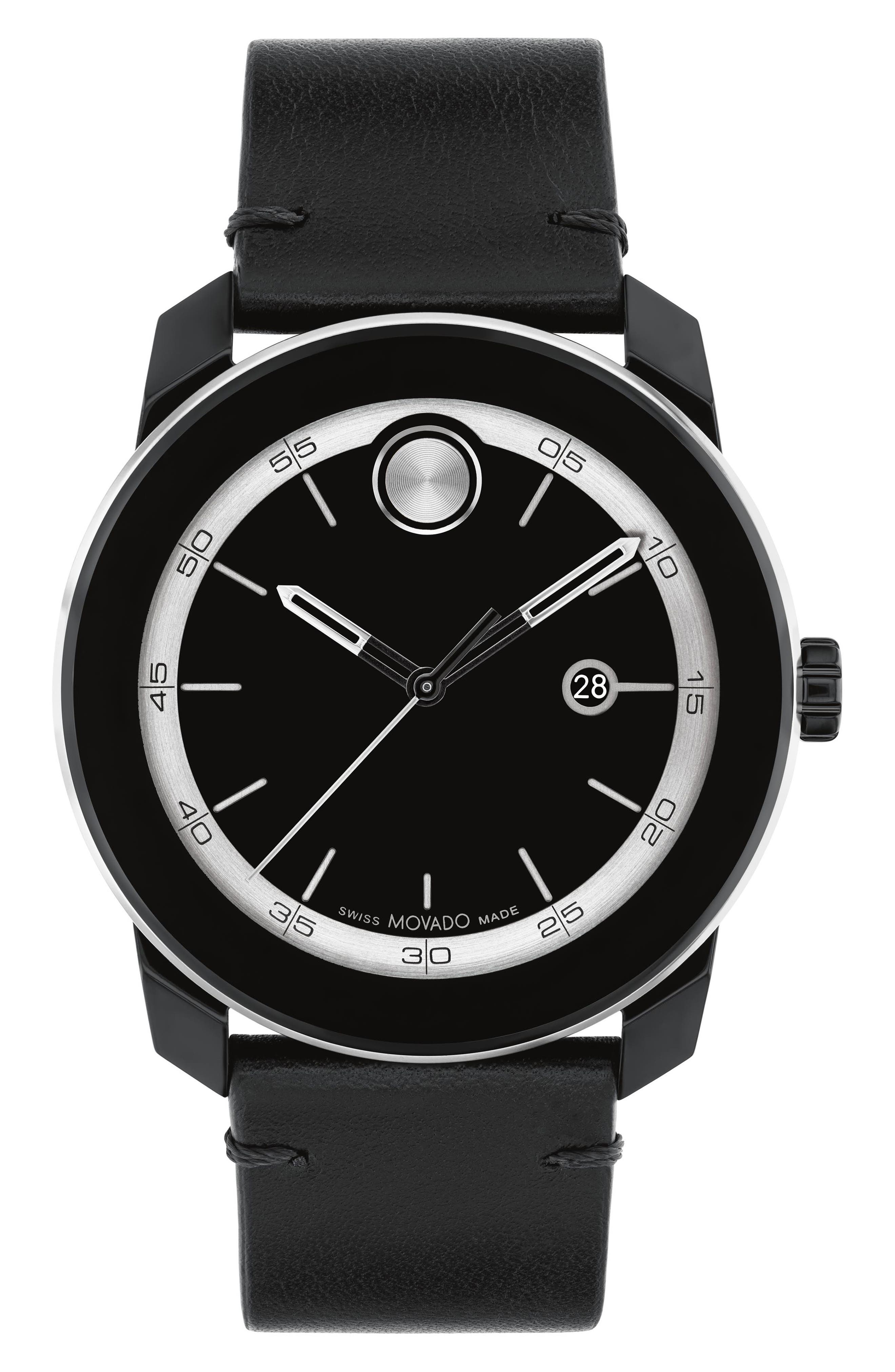 Movado Bold TR90 Leather Strap Watch, 42mm in Black 