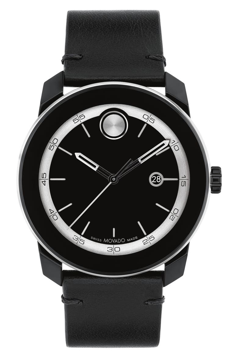 Bold TR90 Leather Strap Watch, 42mm, Main, color, BLACK DIAL