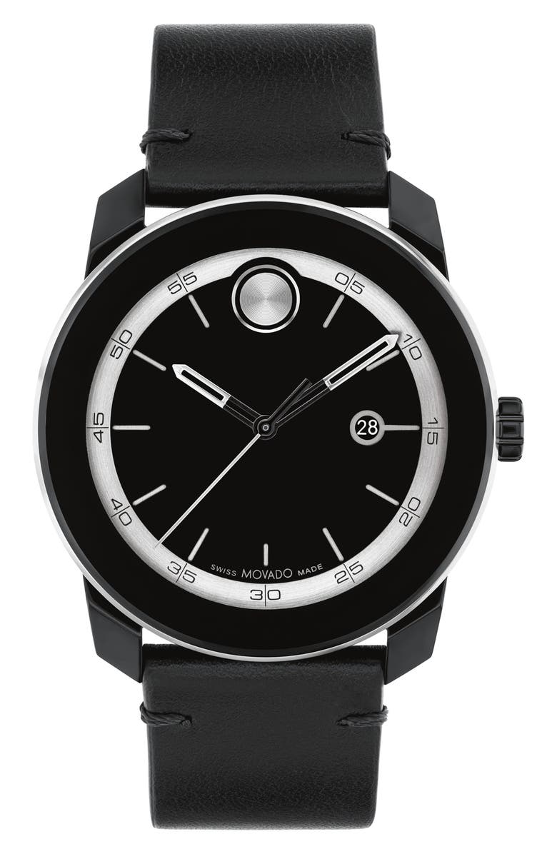 Movado Bold TR90 Leather Strap Watch, 42mm, Main, color, Black