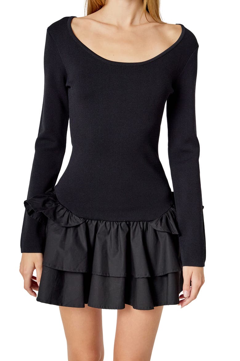 Mixed Media Long Sleeve Minidress, Alternate, color, BLACK