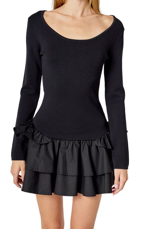 Endless Rose Mixed Media Long Sleeve Minidress In Black