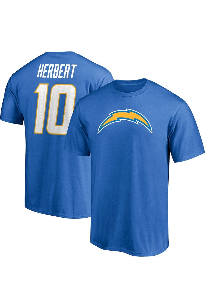 Men's Fanatics Branded Justin Herbert Powder Blue Los Angeles Chargers Player Icon Name & Number T-Shirt, Main, color, POWDER BLUE