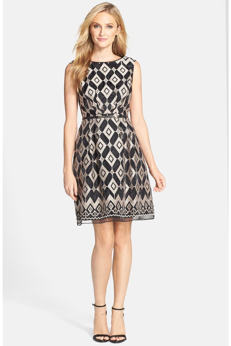 Embroidered Lace Fit & Flare Dress, Alternate, color, BLACK PINK