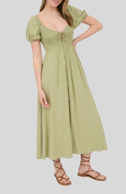 Blu Pepper Puff Sleeve Smocked Midi Dress In Green