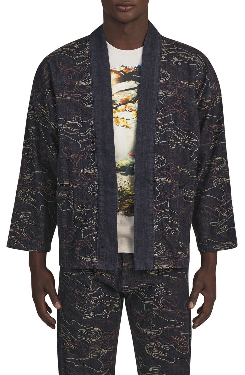 PRPS Niseko Embroidered Denim Open Front Jacket, Alternate, color, 