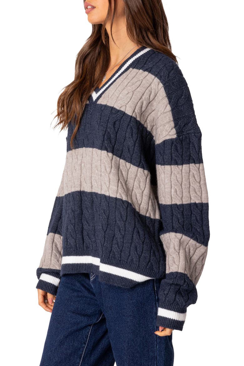 Romie Cable Knit V-Neck Sweater, Alternate, color, NAVY
