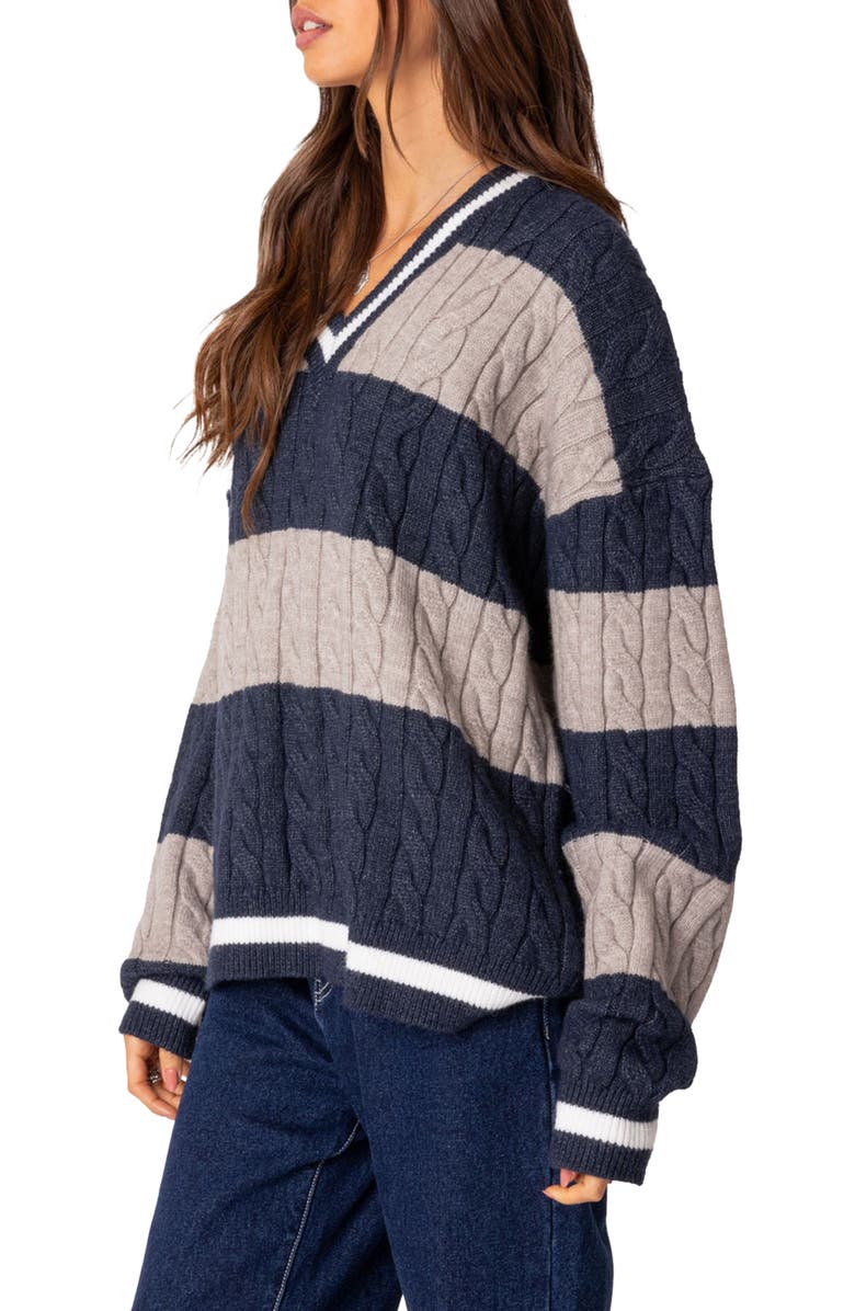 EDIKTED Romie Cable Knit V-Neck Sweater, Alternate, color, Navy