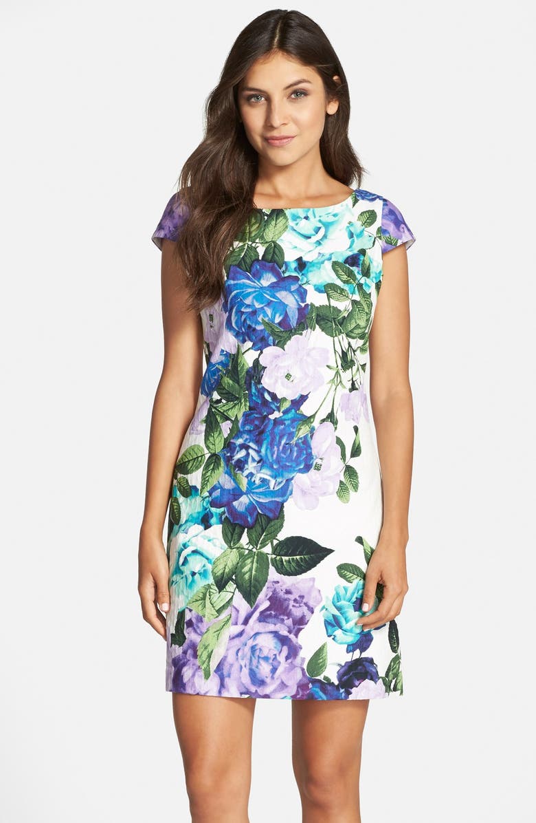 Eliza J Floral Jacquard Cotton Shift Dress, Main, color, 