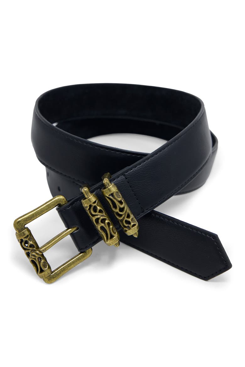 Engraved Leather Roller Buckle Belt, Main, color, BLACK