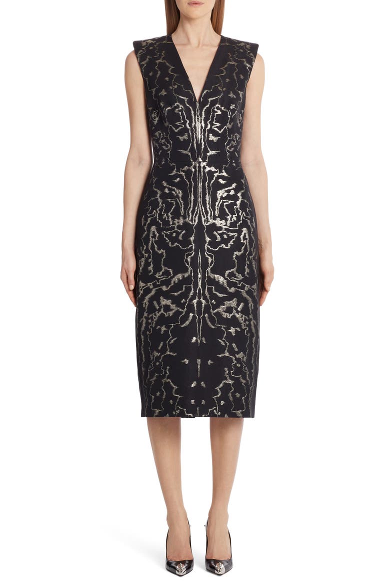 Alexander McQueen Sleeveless Jacquard Midi Sheath Dress, Main, color, BLACK-GOLD