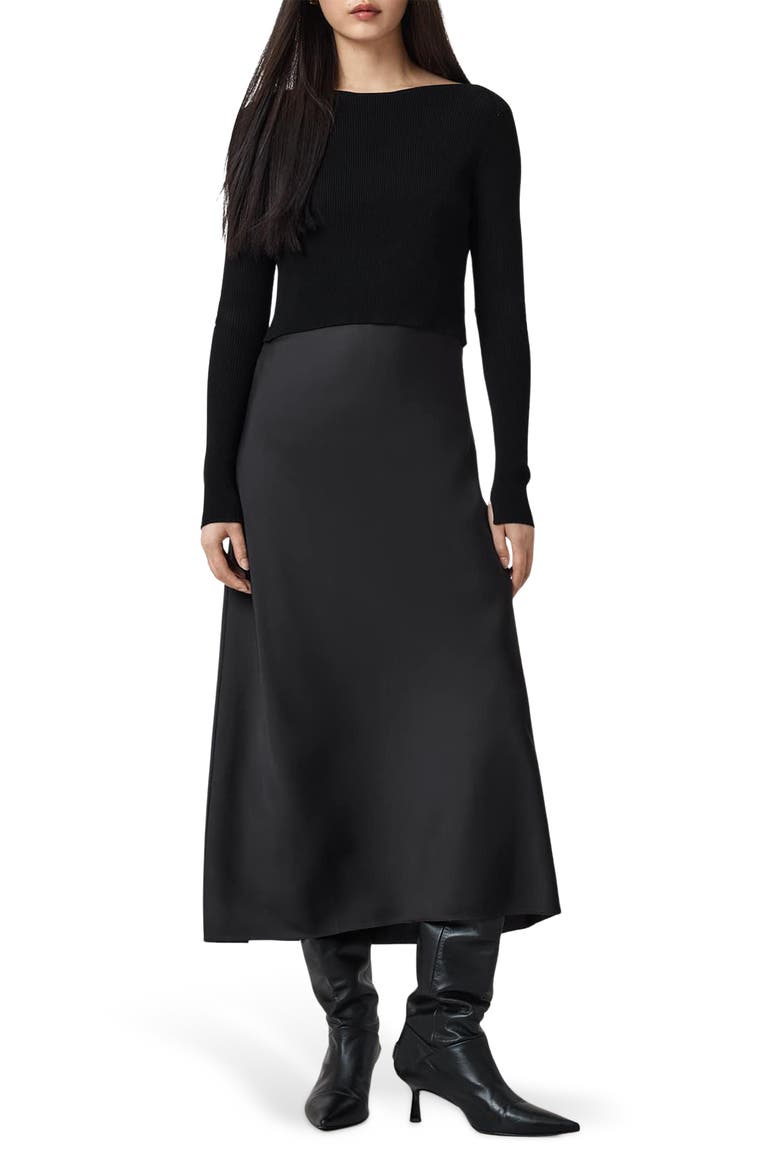 Hera Long Sleeve 2-in-1 Rib Sweater & Midi Slipdress, Main, color, BLACK