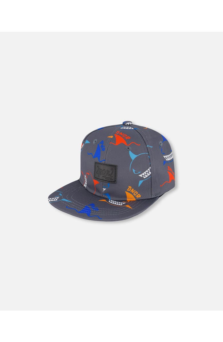 Deux par Deux Baby Boy's Printed Cap Orange, Red, And Blue Sharks On Gray, Main, color, 