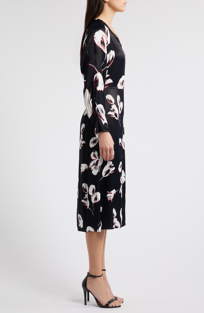 BOSS Diesha Long Sleeve Satin A-Line Dress, Alternate, color, Black Tulip Fantasy