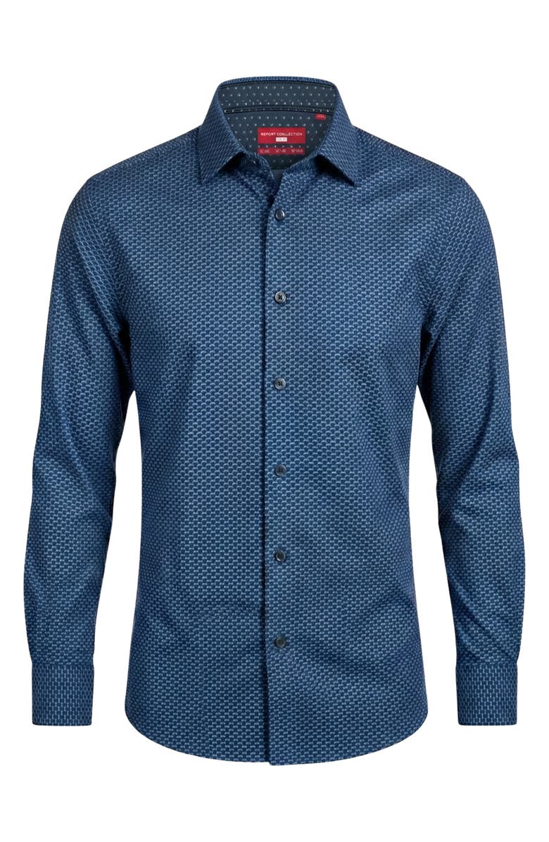 Report Collection Geo Print Long Sleeve Woven Spot Shirt, Alternate, color, Navy