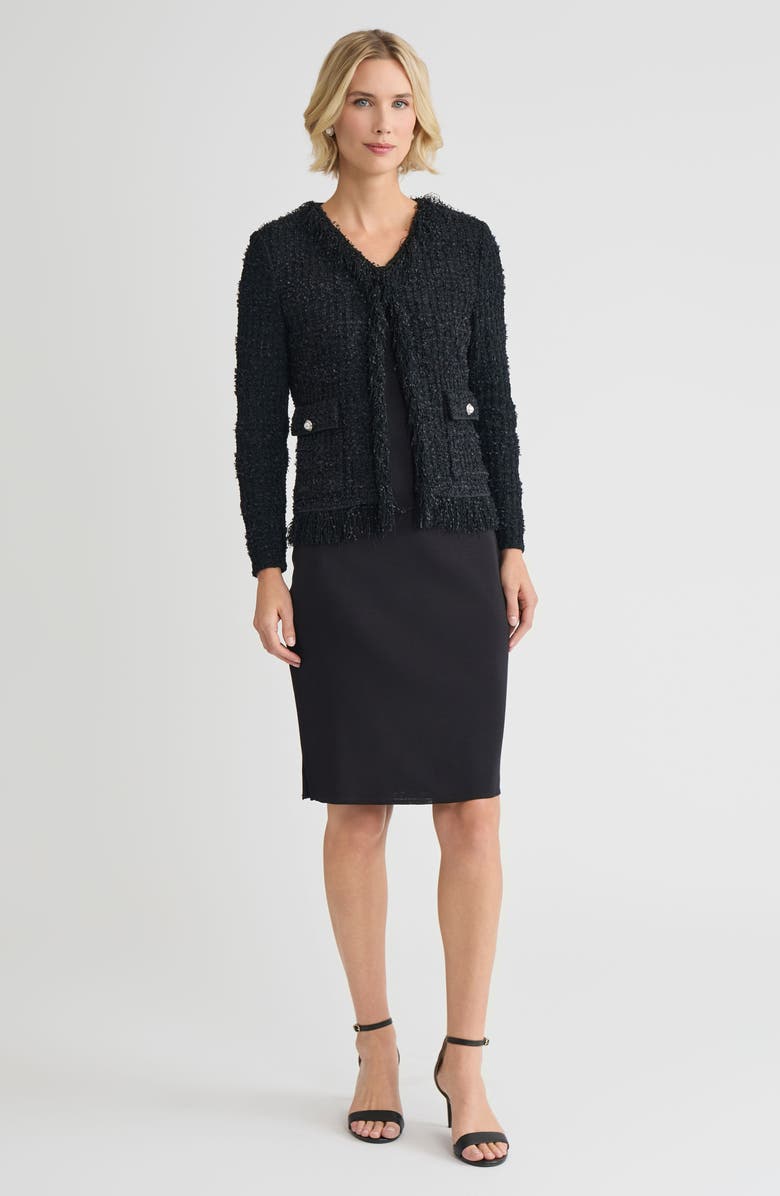 Misook Tailored Eyelash Fringe Trim Knit Jacket, Alternate, color, Black