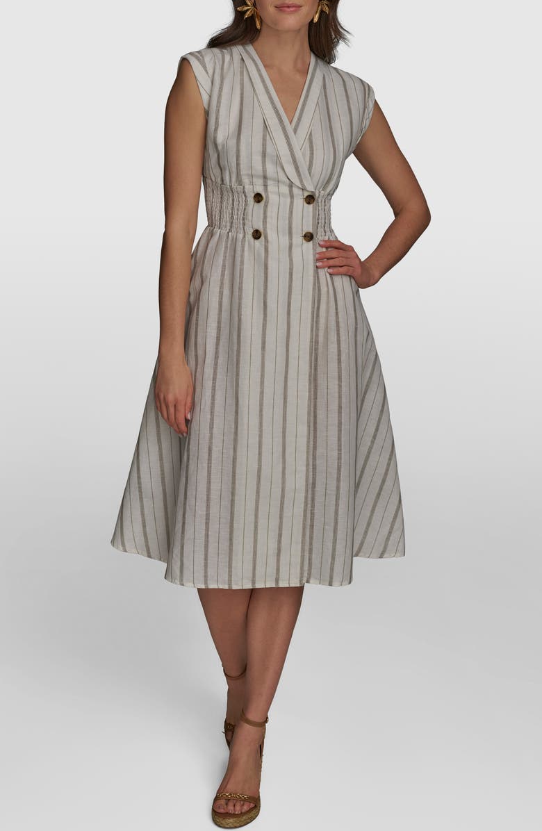Donna Karan New York Stripe Linen & Cotton Flare Dress, Main, color, Cream Multi
