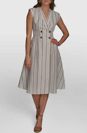 Donna Karan New York Stripe Linen & Cotton Flare Dress