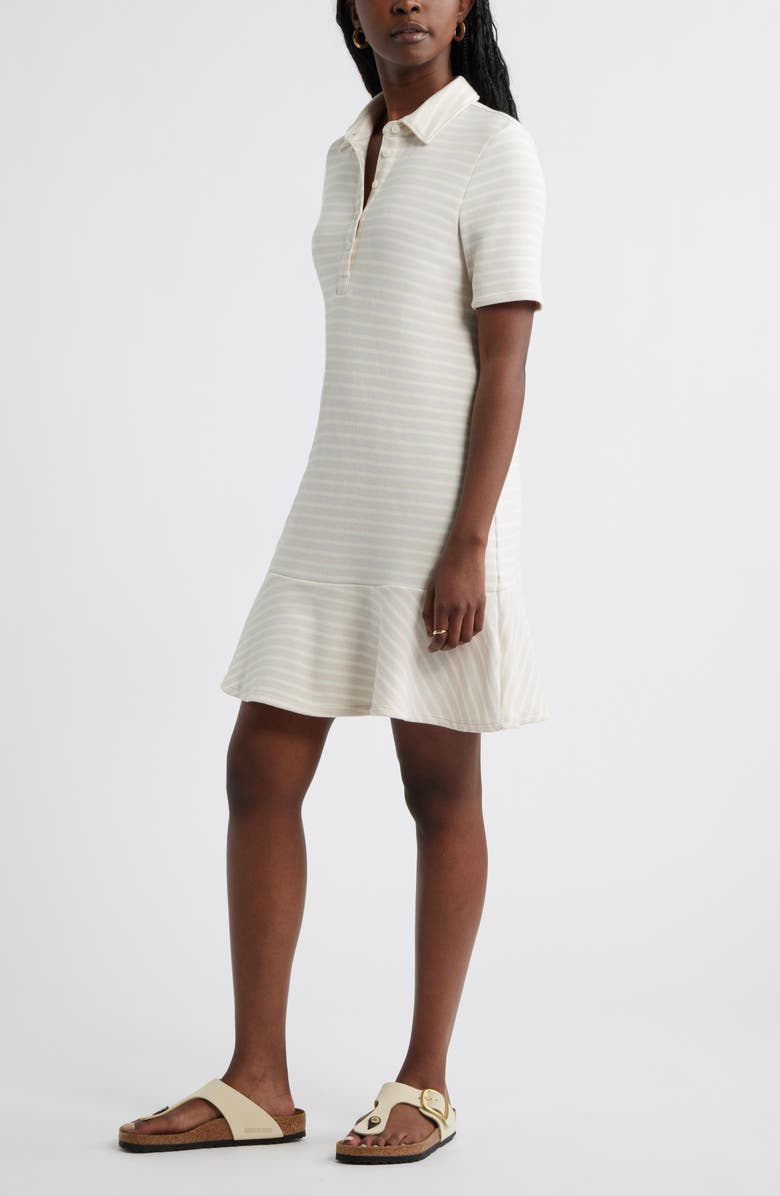 Caslon<sup>®</sup> Henley Short Sleeve Polo Dress, Alternate, color, Beige Shell- Ivory Stripe