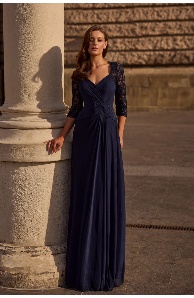 La Femme Jersey Gown with Knot Detail and Lace Sleeves, Main, color, Navy