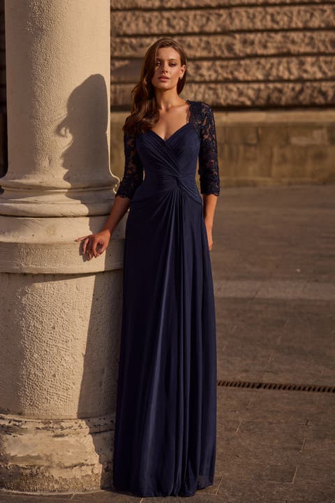 Jersey Gown with Knot Detail and Lace Sleeves