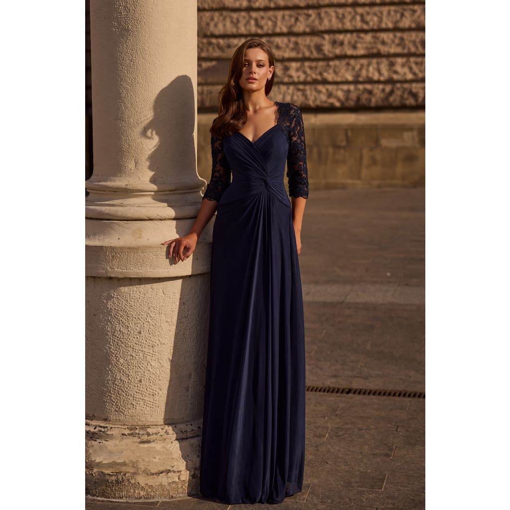 La Femme Jersey Gown With Knot Detail And Lace Sleeves In Navy