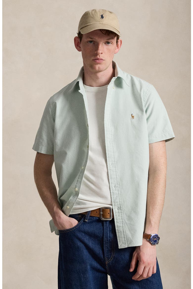 Classic Fit Solid Short Sleeve Cotton Button-Down Oxford Shirt, Alternate, color, FADED MINT