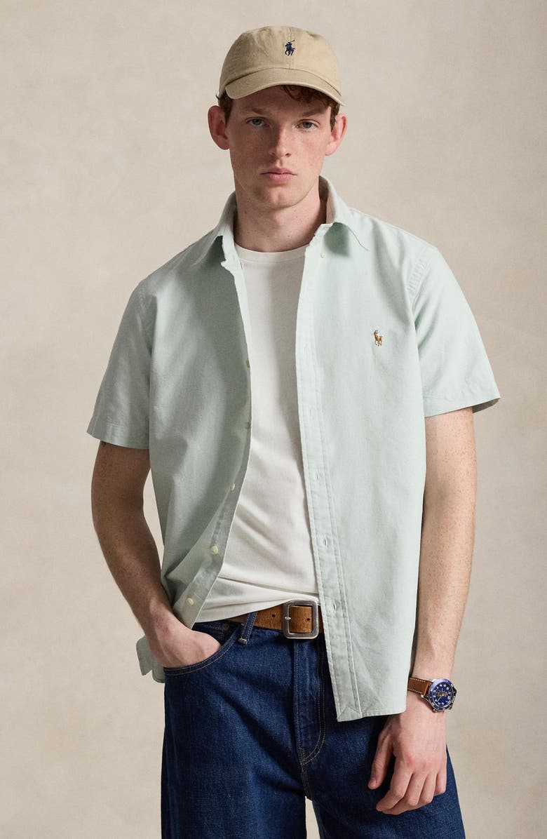 Polo Ralph Lauren Classic Fit Solid Short Sleeve Cotton Button-Down Oxford Shirt, Alternate, color, Faded Mint